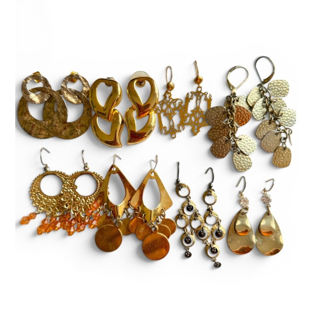 Lot of 8 Pairs Gold Tone Statement Dangle Earrings Boho Chandelier Hammered Des